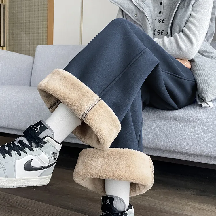 阔腿裤女冬季加绒加厚运动裤窄版直筒卫裤羊羔绒外穿束脚防风棉裤