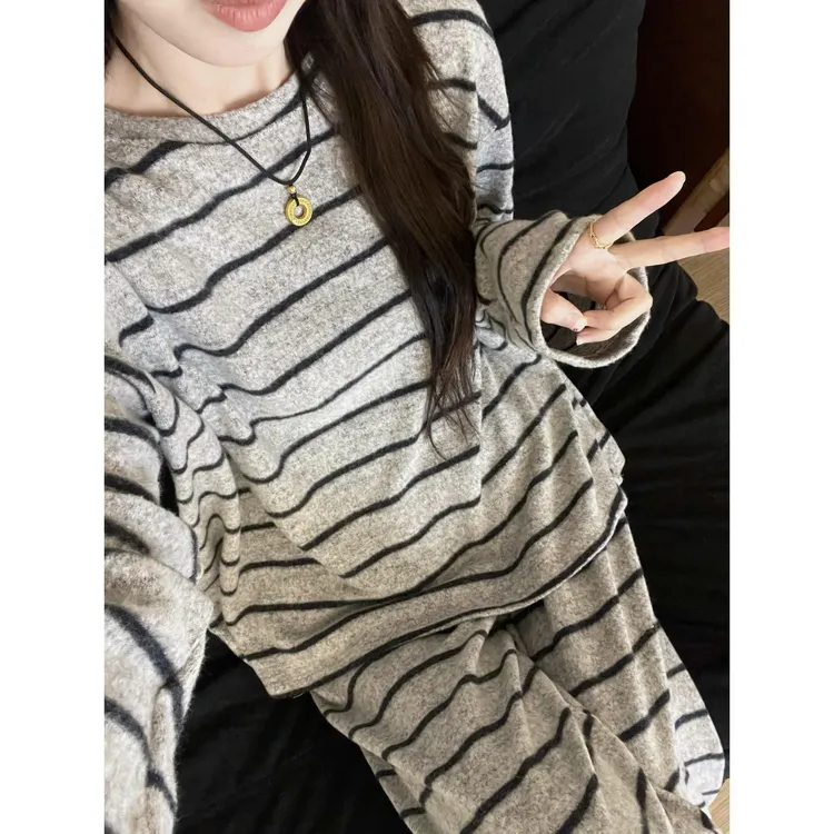 日系少女条纹撞色德绒睡衣女秋冬季简约长袖长裤可外穿家居服套装