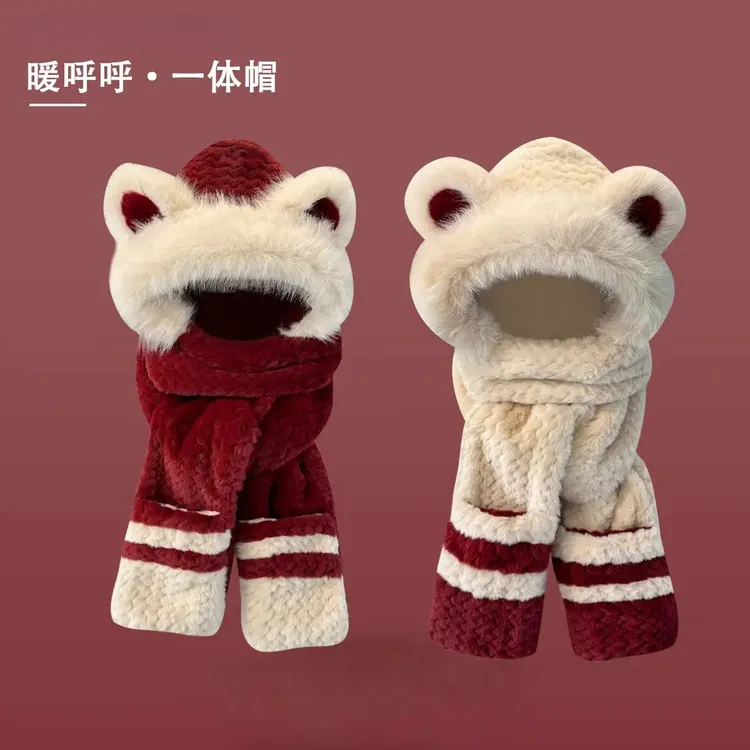 可爱小熊耳朵帽子围巾手套一体防寒保暖女秋冬加厚毛绒护耳骑车帽