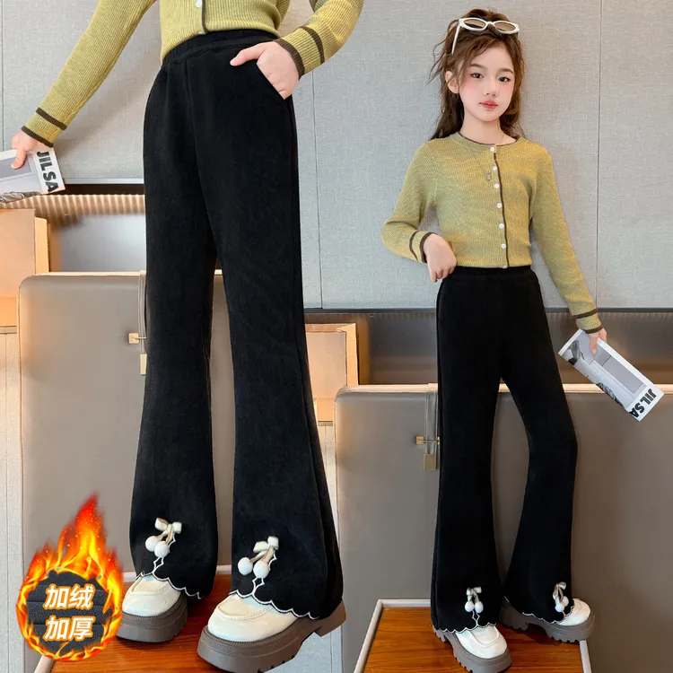 女童加绒喇叭裤冬季新款儿童洋气灯芯绒裤子中大童加厚一体绒长裤