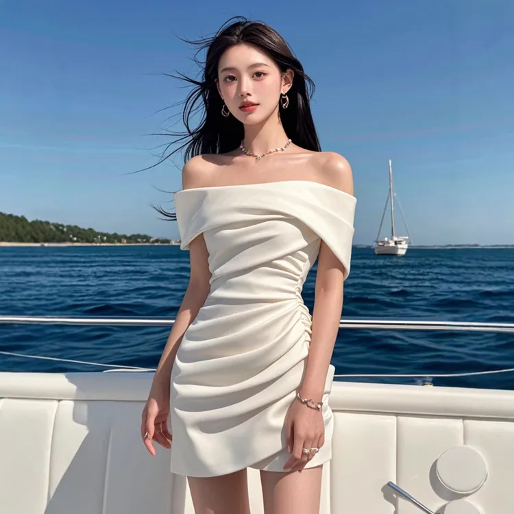 TZ4398气质连衣裙女夏季新款一字肩露肩褶皱性感紧身包臀裙短裙