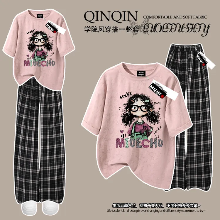 夏季新款韩版女童扎染短袖T恤格子裤套装小女孩印花中大童两件套