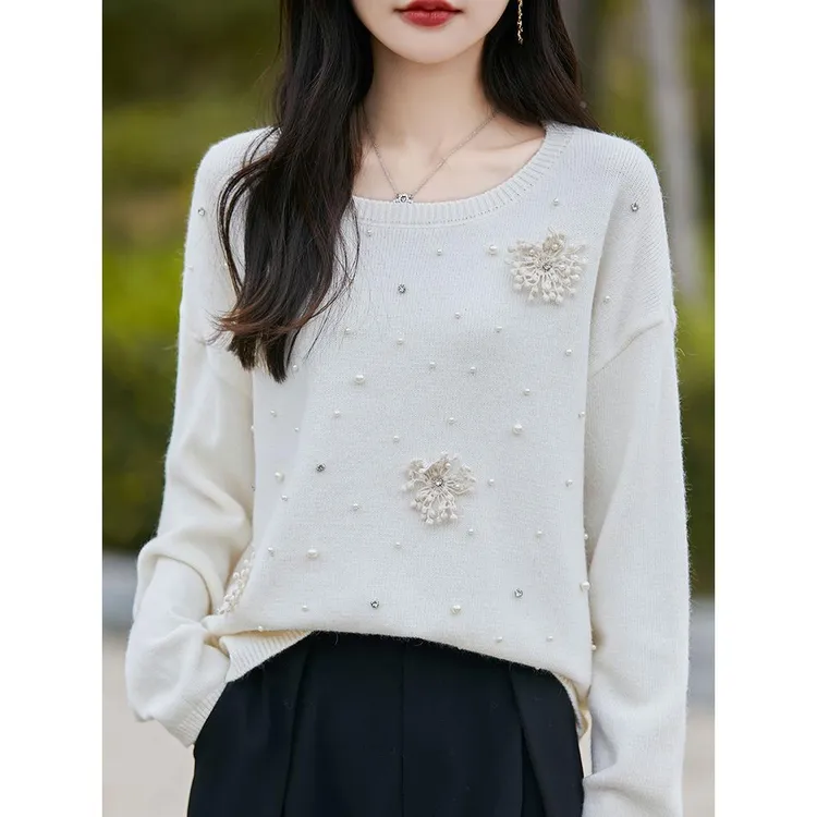 低领提花钉珠针织打底衫女加厚保暖圆领毛衣宽松秋冬季小香风内搭