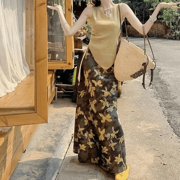 夏季碎花长裙高腰不规则时尚长款上衣套装 2025夏季韩系风紫色黄