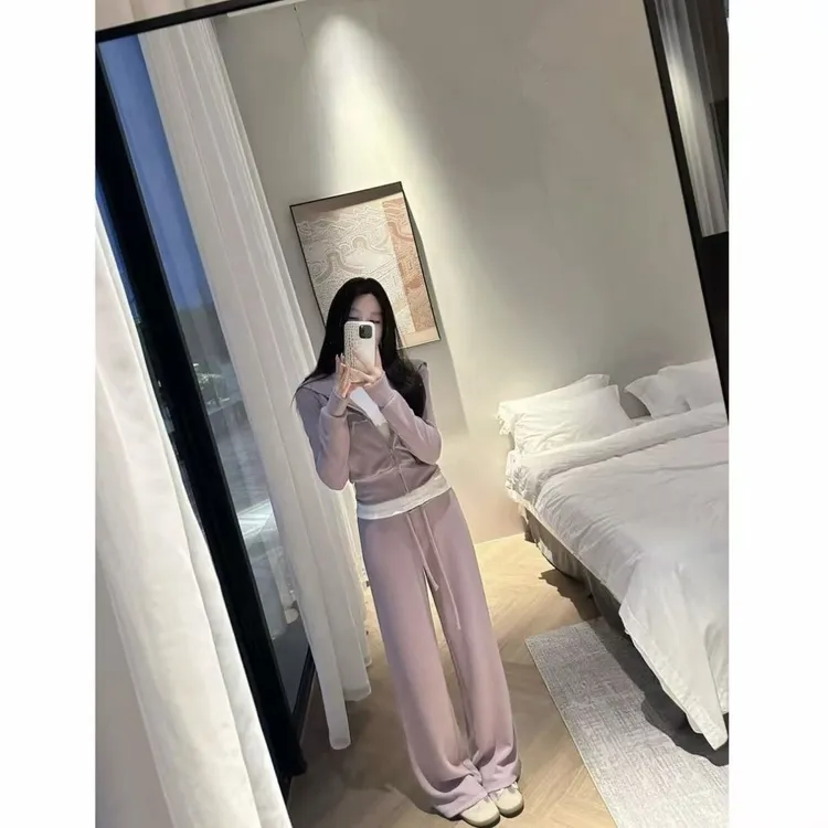 【运费险】韩系休闲气质韩女磨毛连帽修身显瘦卫衣外套+休闲裤套装