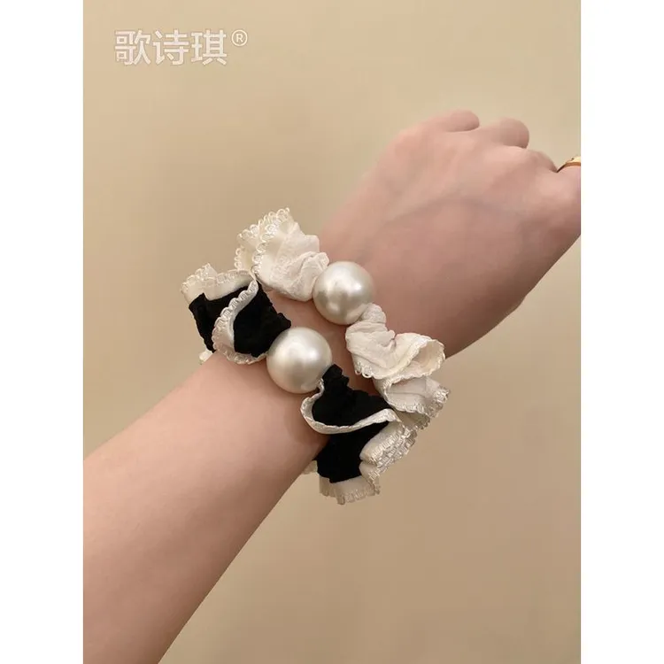 高级感韩系花边雪纺小肠发圈2024新款夏天扎头发珍珠头绳女头饰