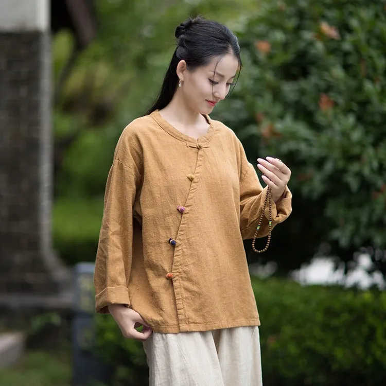 2025秋季新款大码禅意茶服复古斜襟新中式圆领上衣宽松长袖居士服