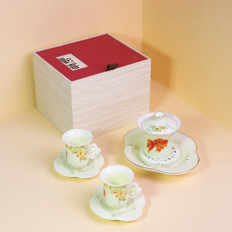高档轻奢金玉满堂青瓷女士功夫茶具盖碗茶杯泡茶壶家用陶瓷伴手礼