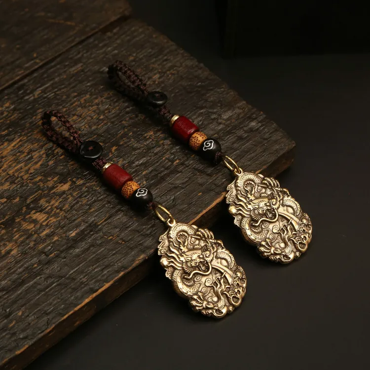 新款龙年黄铜钥匙扣双面盘扣手工绳diy饰品挂件五帝钱葫芦包包吊