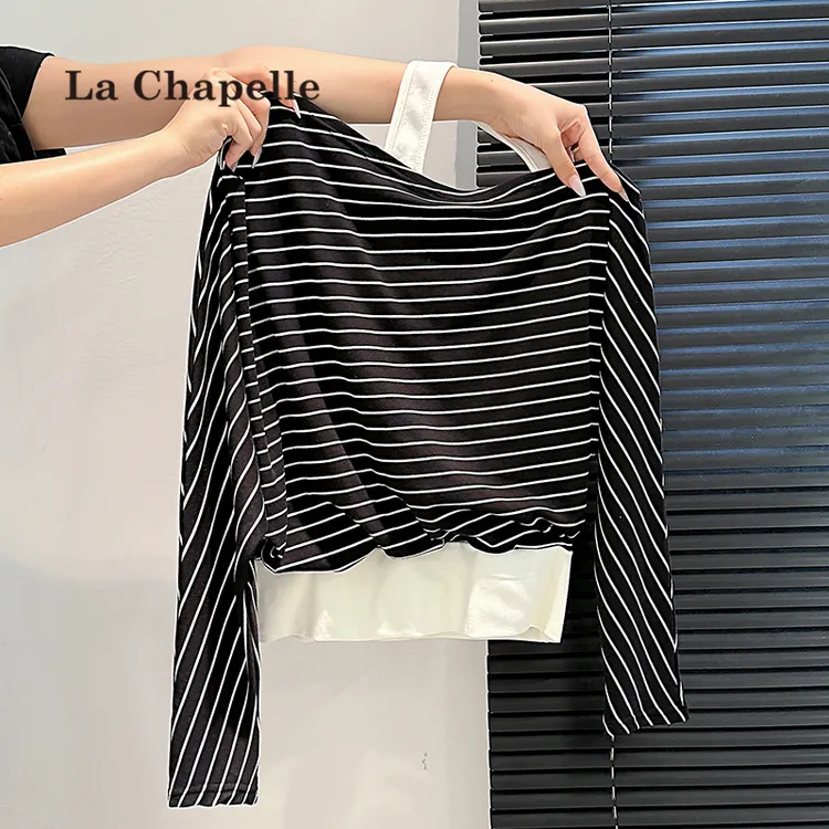 拉夏贝尔纯欲辣妹挂脖一字肩假两件条纹长袖T恤女早秋款收腰上衣