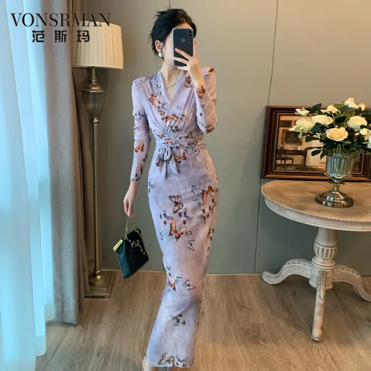 法式复古V领修身网纱包臀裙碎花连衣裙气质名媛高端女神范高级感v