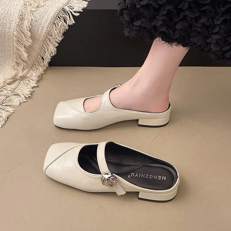 包头半拖单鞋女2025夏季复古法式配裙子凉鞋方头平底一脚蹬奶奶鞋