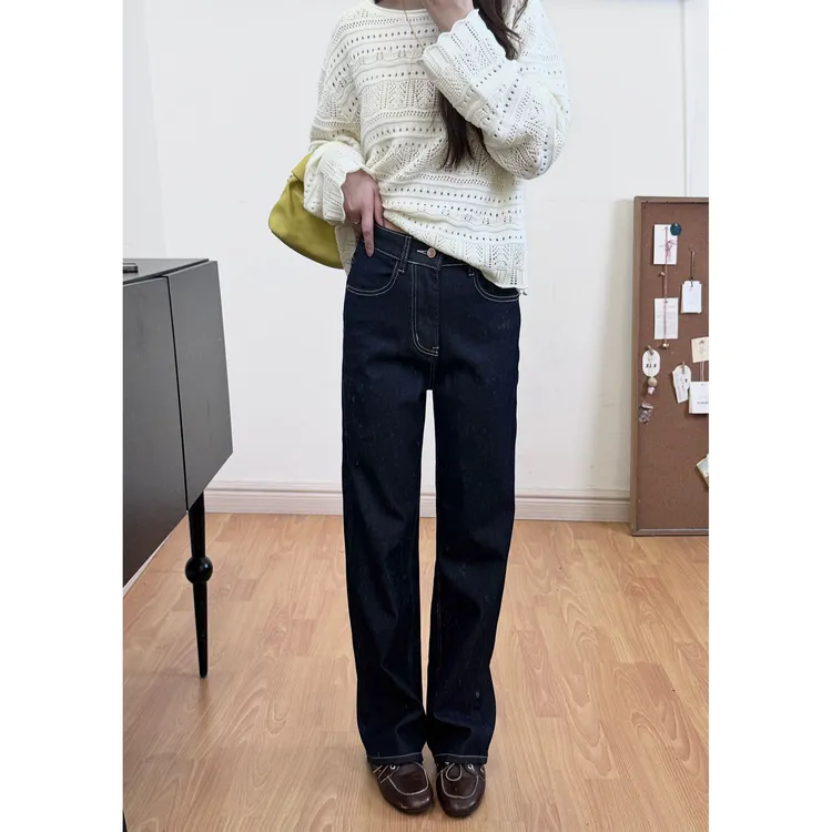 【朝九晚五】重磅酵洗不掉色窄版阔腿原牛仔色直筒牛仔长裤女春夏新