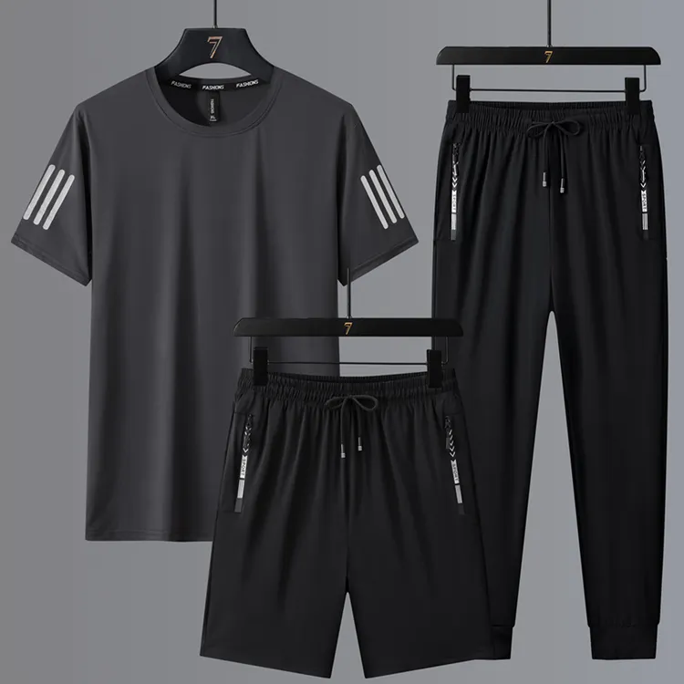 夏季男士大码冰丝运动休闲套装圆领T恤速干短袖短裤长裤三件套男