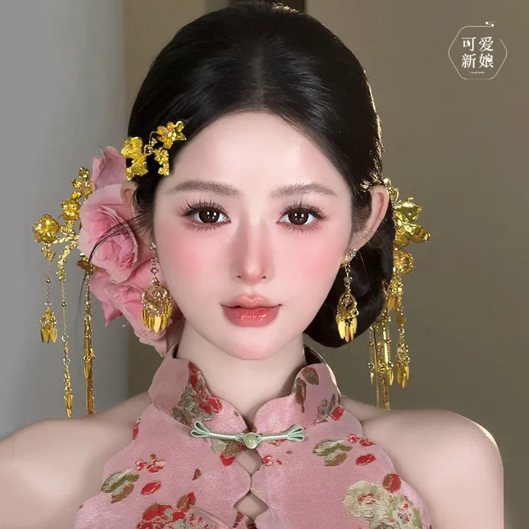 龙凤褂新娘头饰高级感金色简约大气花朵发梳新中式古典头饰HZ1232