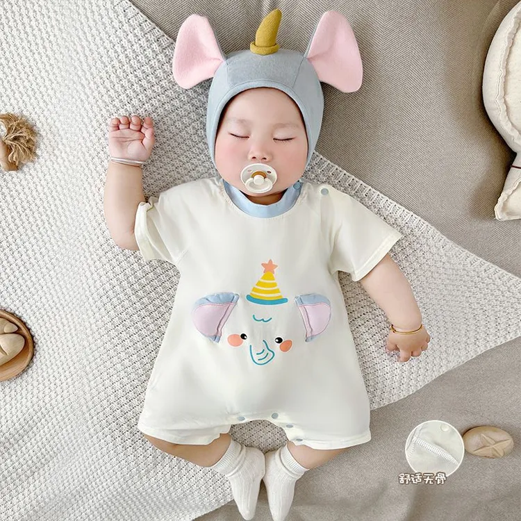 婴儿连体衣夏装薄款哈衣宝宝短袖立体印花爬服风潮新生儿衣服