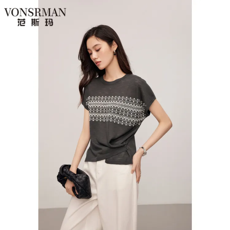 2025新款时尚好看气质夏季设计感不规则下摆圆领慵懒上衣VONSRMAN