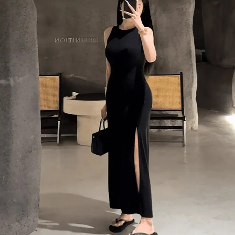 2025夏季新款气质中长款收腰显瘦开叉包臀裙女法式圆领无袖连衣裙