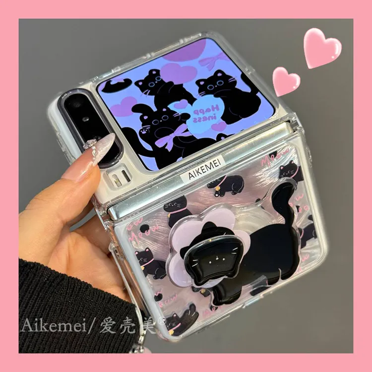 适用华为purax典藏版折叠屏手机壳pocket2粉晕染铃铛黑猫旋转支架