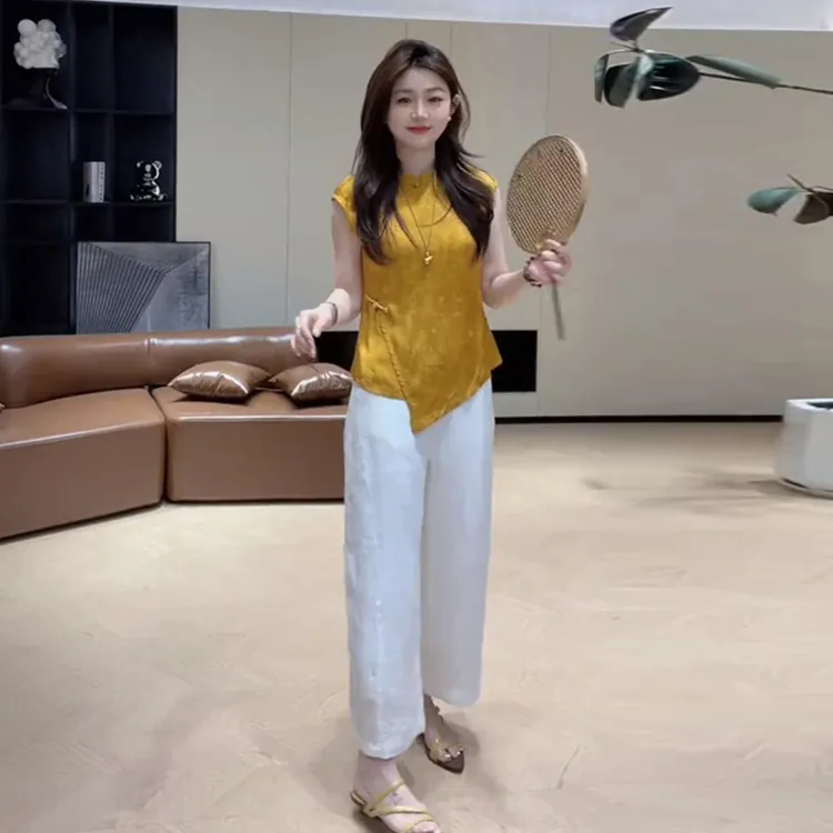 新中式国风提花不规则飞飞袖立领衬衫女夏季巨好看的显瘦女士套装