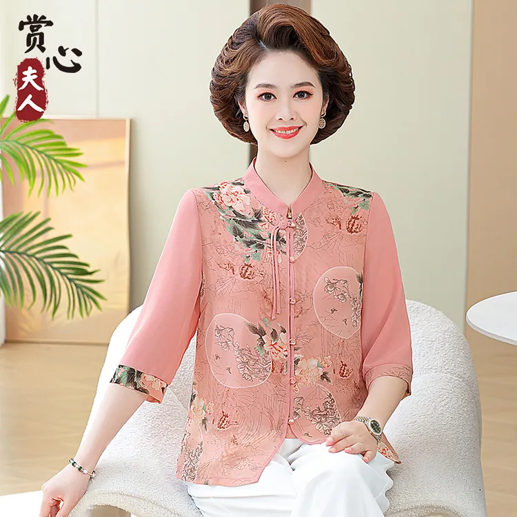 2025夏季新款妈妈装七分袖衬衫中老年人新中式开襟旗袍领奶奶夏装