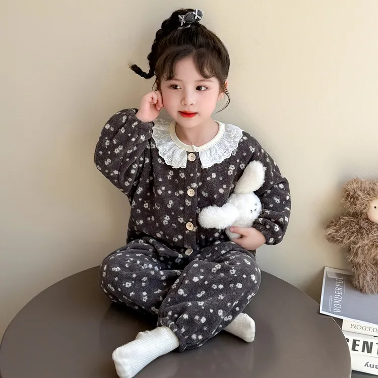 儿童加绒睡衣秋冬季新款法兰绒女孩宝宝珊瑚绒加厚女童家居服套装