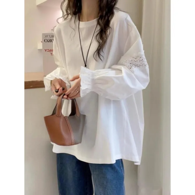喇叭袖正肩衬衫长袖T恤女2025秋新款大码胖mm中长款蕾丝白色上衣