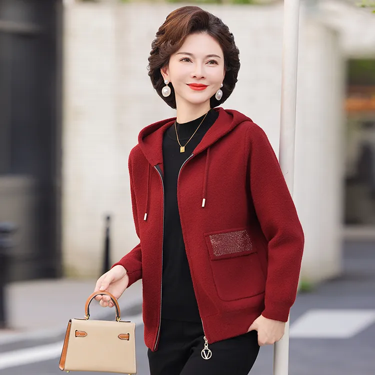 妈妈春装新款针织毛呢外套中年妇女秋冬外穿连帽开衫红色休闲上衣