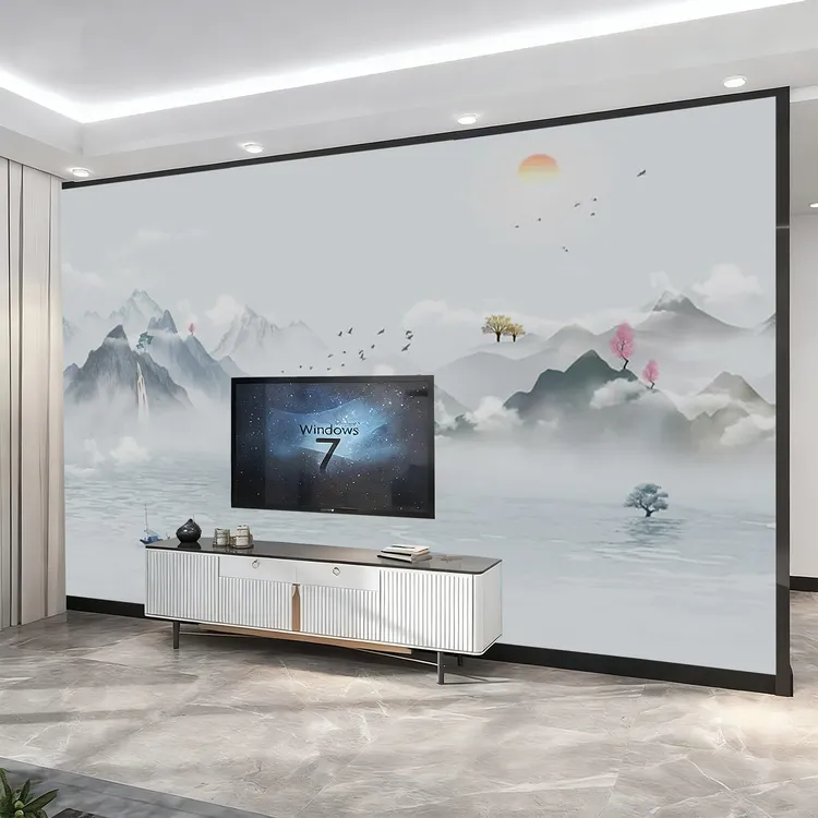 轻奢定制新中式水墨山水壁画电视背景墙无缝壁布客厅卧室立体壁画
