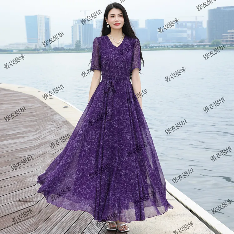 香衣丽华08-364夏季新款V领花色大摆度假沙滩连衣裙修身显瘦