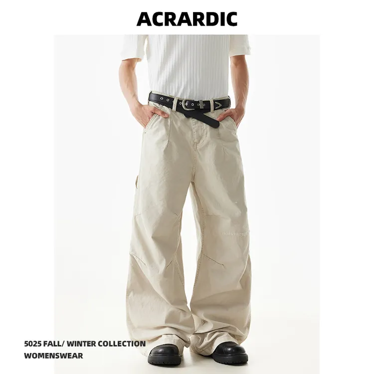 ACRARDIC潮牌割破褶皱卡其色休闲裤男美式cleanfit宽松直筒工装裤