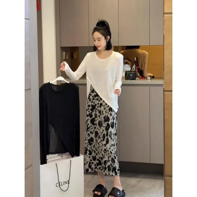 不规则冰丝防晒长袖恤豹纹半身裙套装女欧货2024春夏新款两件套