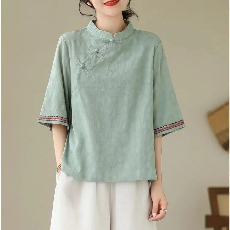 中老年民族风斜襟盘扣绣花衬衫妈妈宽松立领棉质中袖提花文艺复古