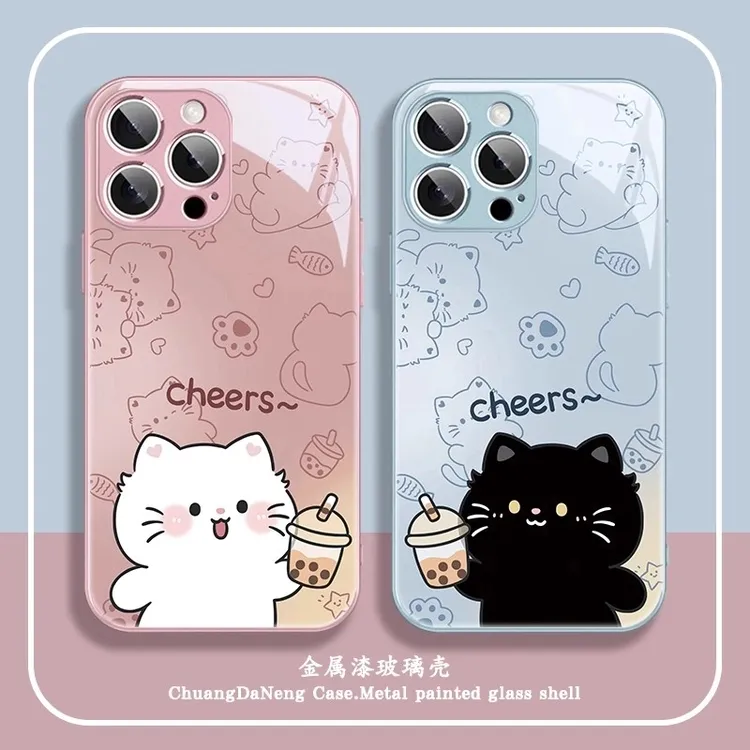 适用苹果16/华为pura80/小米15/vivo/oppo奶茶小猫情侣可爱手机壳
