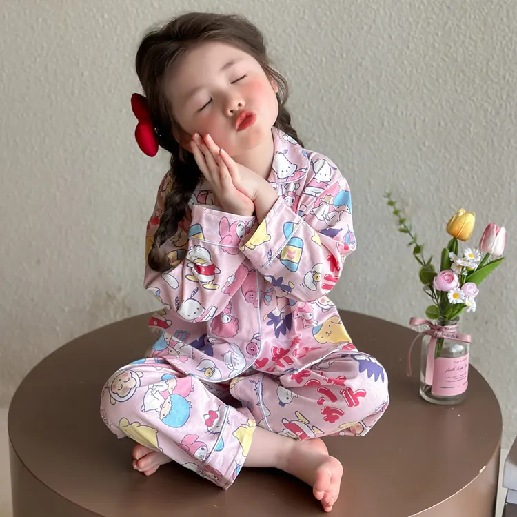 儿童睡衣纯棉女童家居服春秋开衫家居服女宝宝公主卡通长袖套装