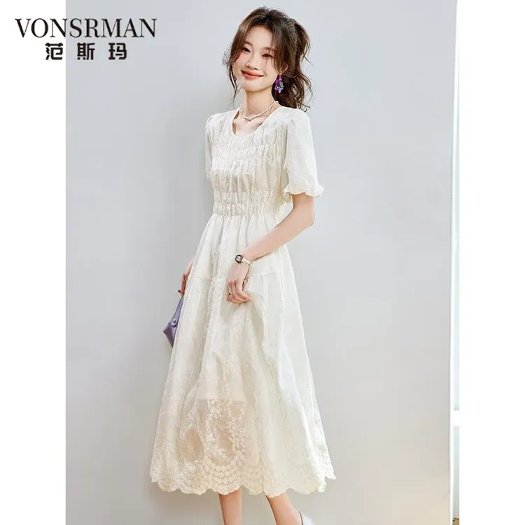 高端时尚桑蚕丝连衣裙女夏季2025新款今年流行爆款圆领时尚裙子女