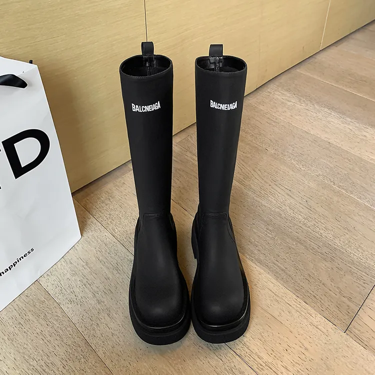 【邓老师】牛皮/6.5cm/新款圆头靴子高筒靴不过膝厚底小个子时装靴