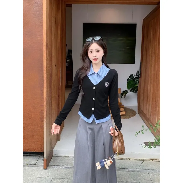 显瘦复古洋气小众法式设计感秋季春秋长袖短款撞色套装学院风时尚