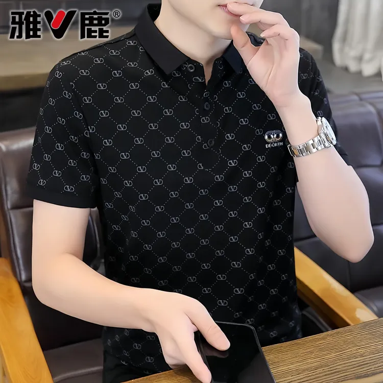 V/雅鹿男士短袖T恤夏季潮流翻领Polo衫韩版修身印花半袖百搭上衣 