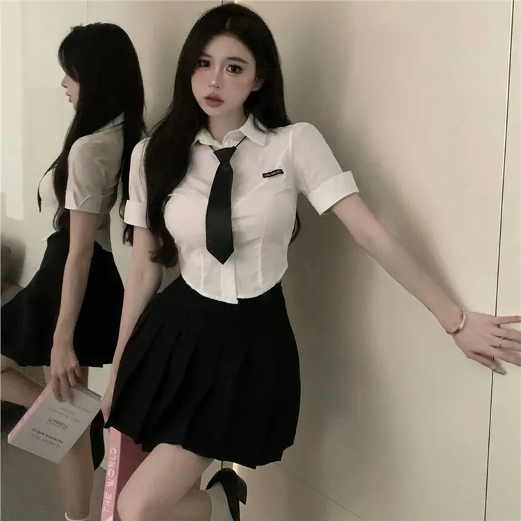 夏装甜辣学院派套装jk制服辣妹修身收腰短袖白色性感女高腰百褶裙