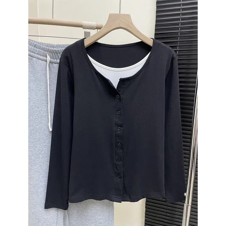 大码200斤日系原宿风正肩拼接撞色假两件开衫长袖T恤女秋冬季上衣