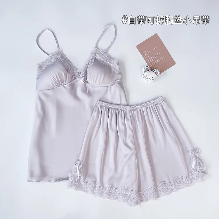 吊带短裤睡衣女款夏季带胸垫冰丝V领蕾丝纯色性感女士纯欲风套装
