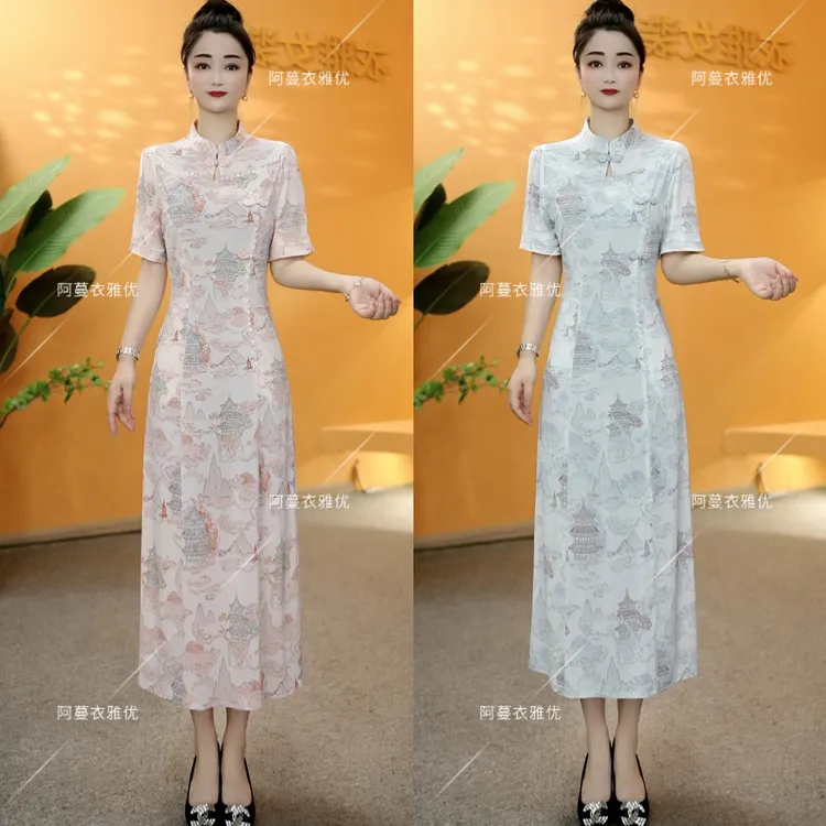 【衣雅严选】8102-1764#新款冰雪丝拼接蕾丝亮片改良旗袍连衣裙