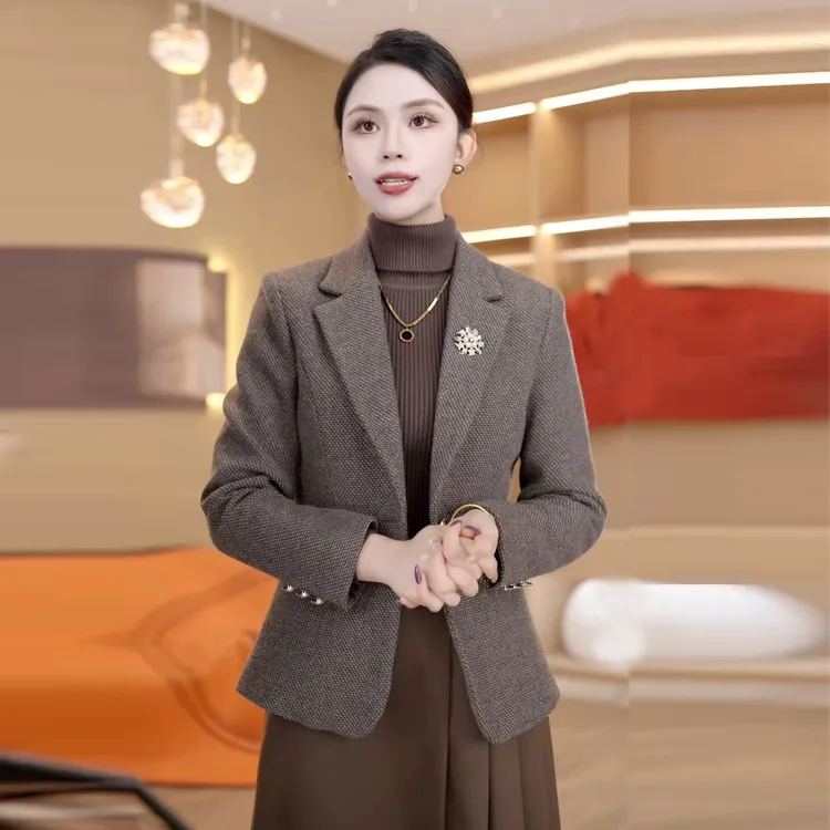 暖咖色休闲风秋冬厚款长袖修身型女小西装毛呢西服绵羊毛西服外套