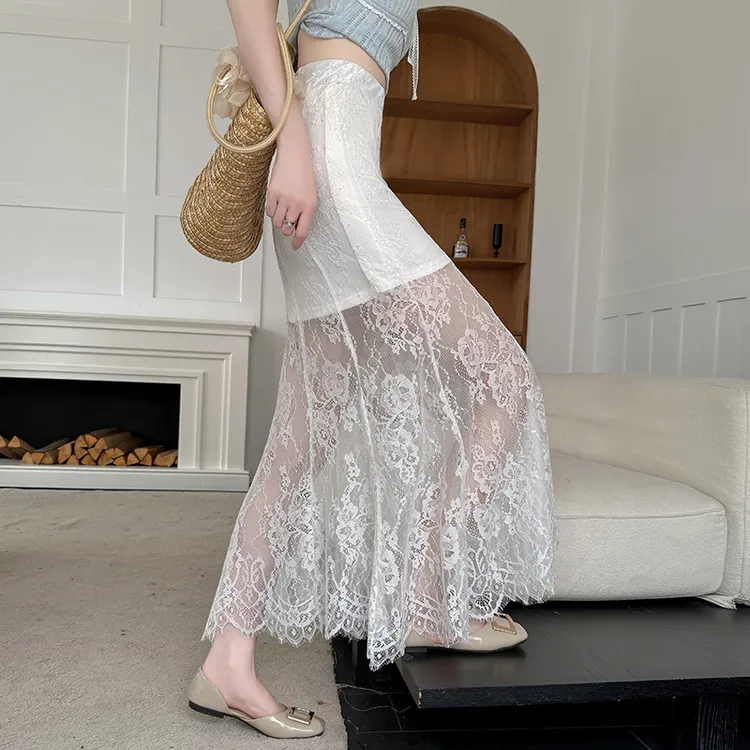 拉夏贝尔蕾丝a字半身裙女夏季2025新款中长款松紧腰包臀鱼尾裙子