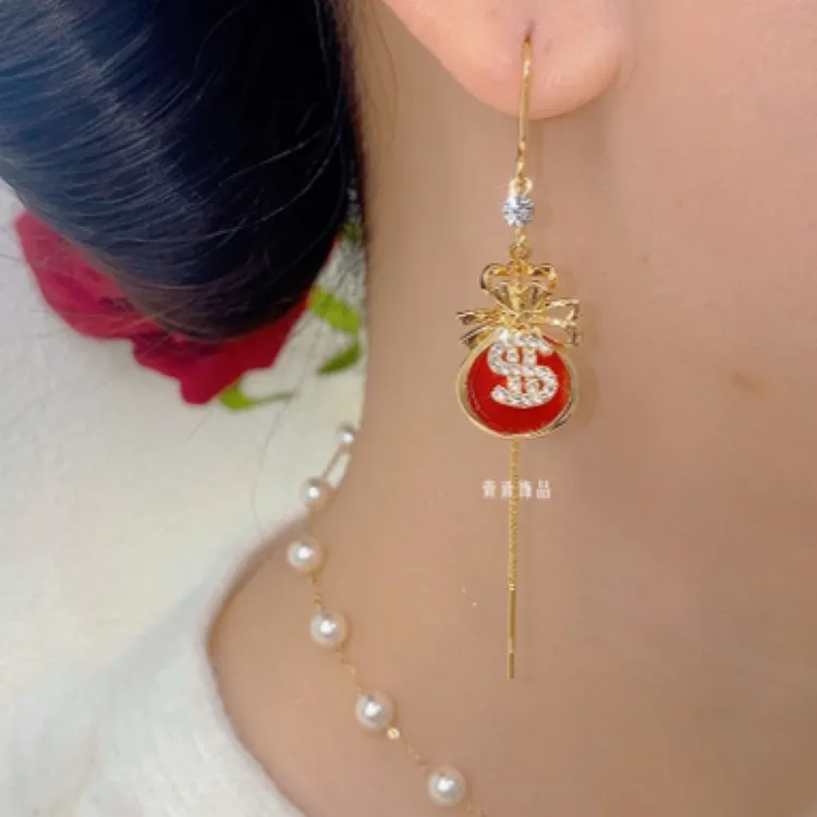 铜合金无非金属耳饰 钱袋福袋简约气质流苏时尚红色耳环0435轻奢