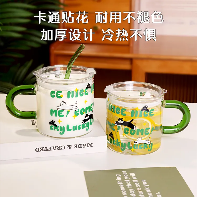 韩风高颜值小清新猫咪大容量耐高温带盖玻璃杯吸管杯泡茶杯带把手