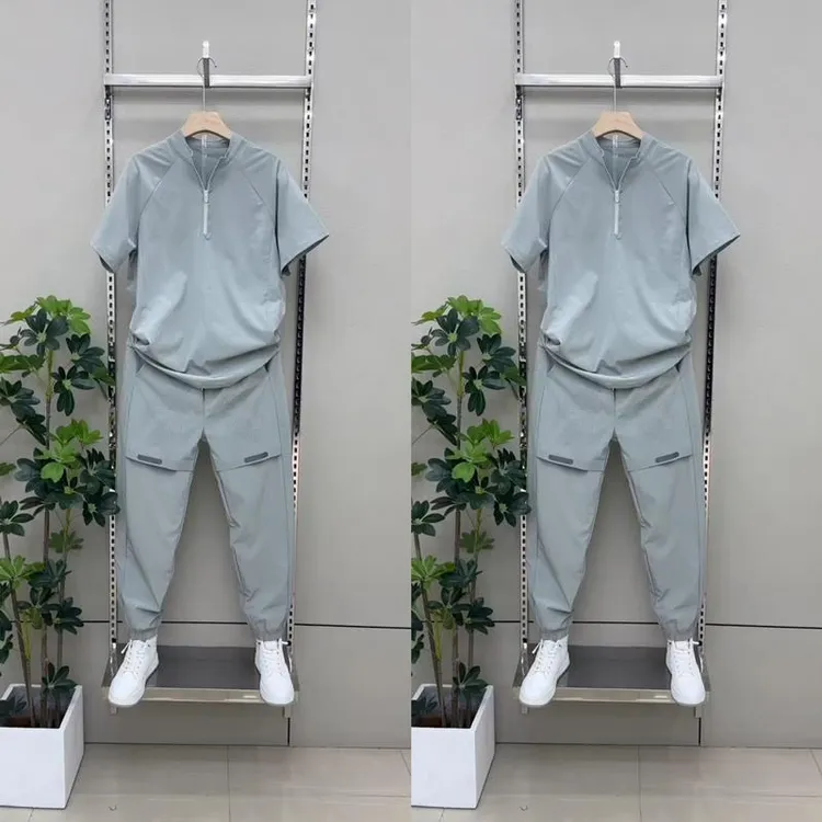 2025夏季新款男士百搭冰丝速干运动休闲套装时尚宽松透气百搭情侣