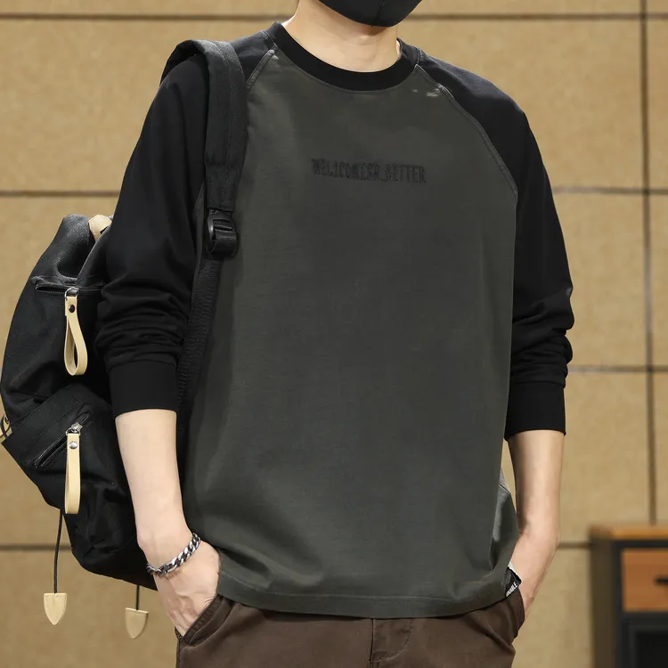 重磅复古水洗美式插肩长袖t恤男士秋季宽松大码春秋款卫衣打底衫
