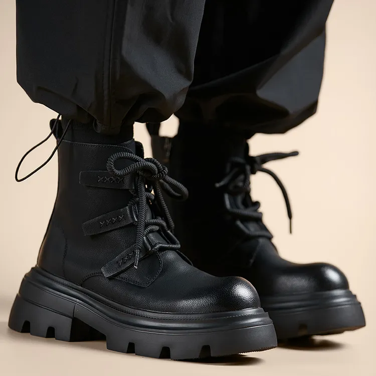 马丁靴男高帮厚底工装靴男士冬季新款潮流英伦圆头复古增高机车靴